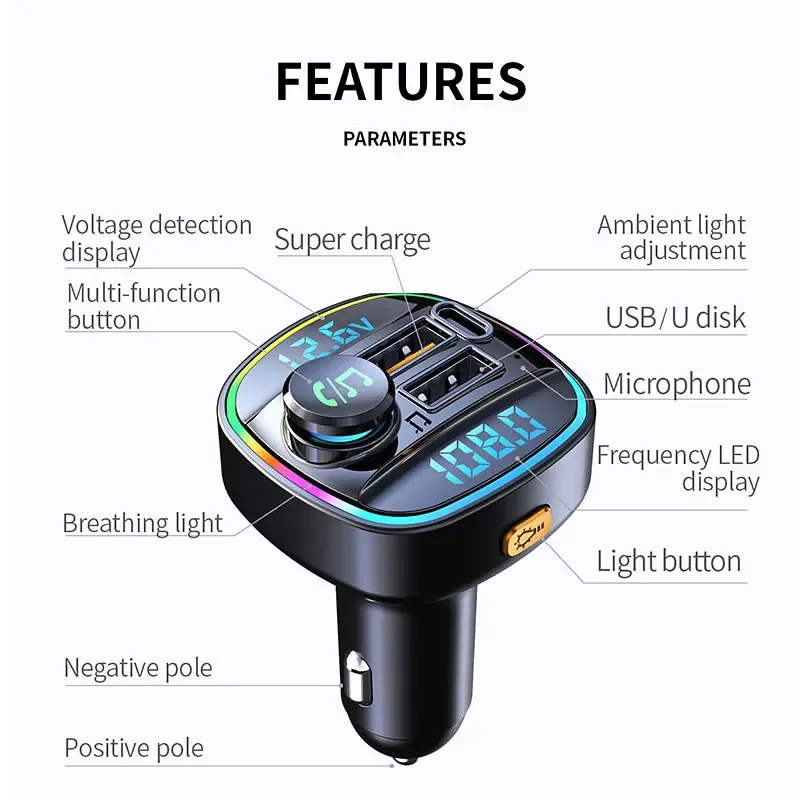 Transmetteur FM Bluetooth 5.0 pour voiture, kit mains libres, lecteur MP3 et chargeur USB à charge rapide 22,5 W 5