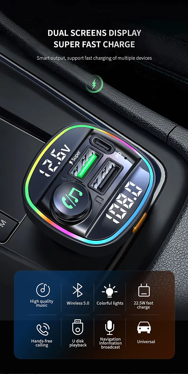 Transmetteur FM Bluetooth pour voiture, vue d'ensemble du design