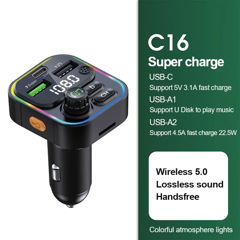 Transmetteur FM Bluetooth 5.0 pour voiture, kit mains libres, lecteur MP3 et chargeur USB à charge rapide 22,5 W 10