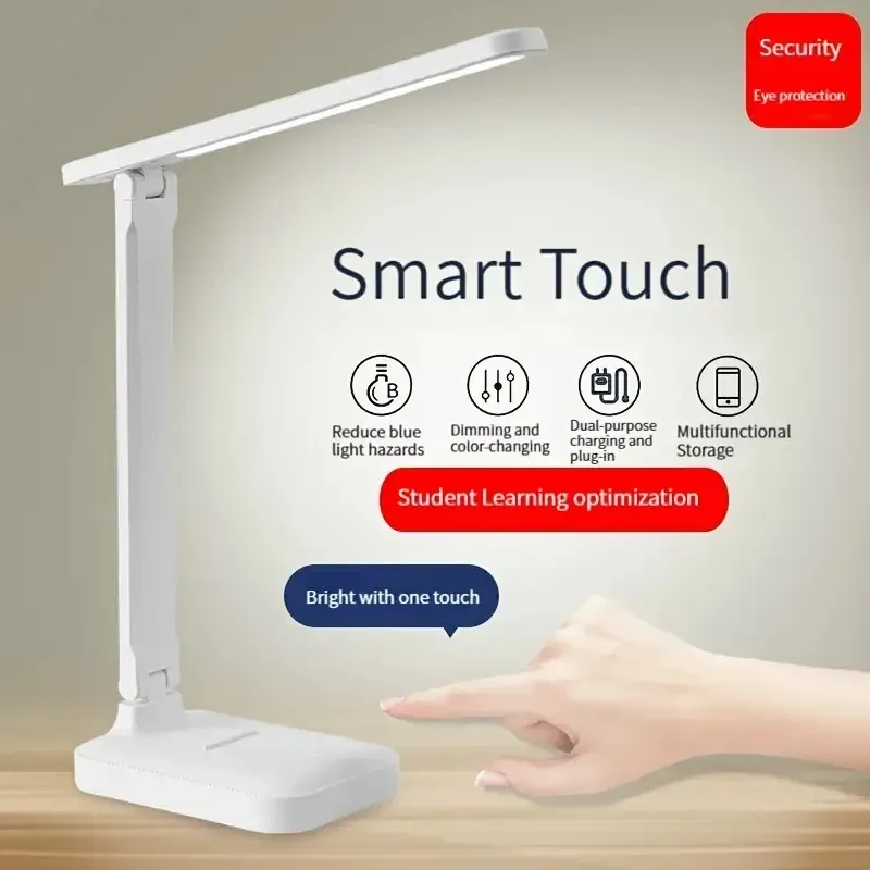 Lampe de bureau LED pliante à interrupteur tactile, blanc, rechargeable par USB, réglable, idéale pour chambre, chevet, étude et lecture