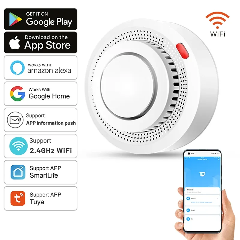 Détecteur de fumée intelligent Wi-Fi Tuya, avec alarme sonore 85 dB et contrôle via l'application Smart Life