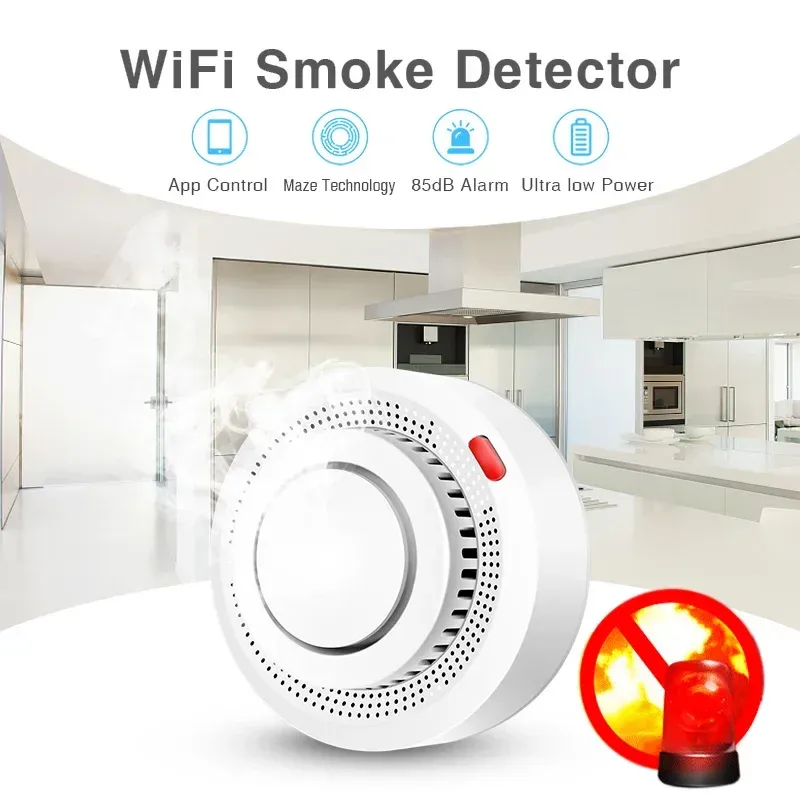 Détecteur de fumée intelligent Wi-Fi Tuya, avec alarme sonore 85 dB et contrôle via l'application Smart Life 3