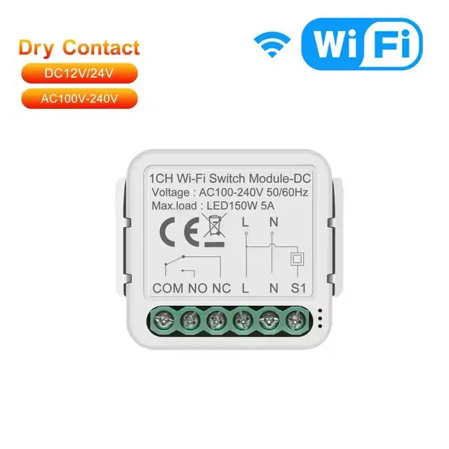 Tuya Commutateur intelligent WiFi à contact sec, compatible Alexa et Google Assistant, DC 12 V, 24 V AC, 100 V-240 V 8