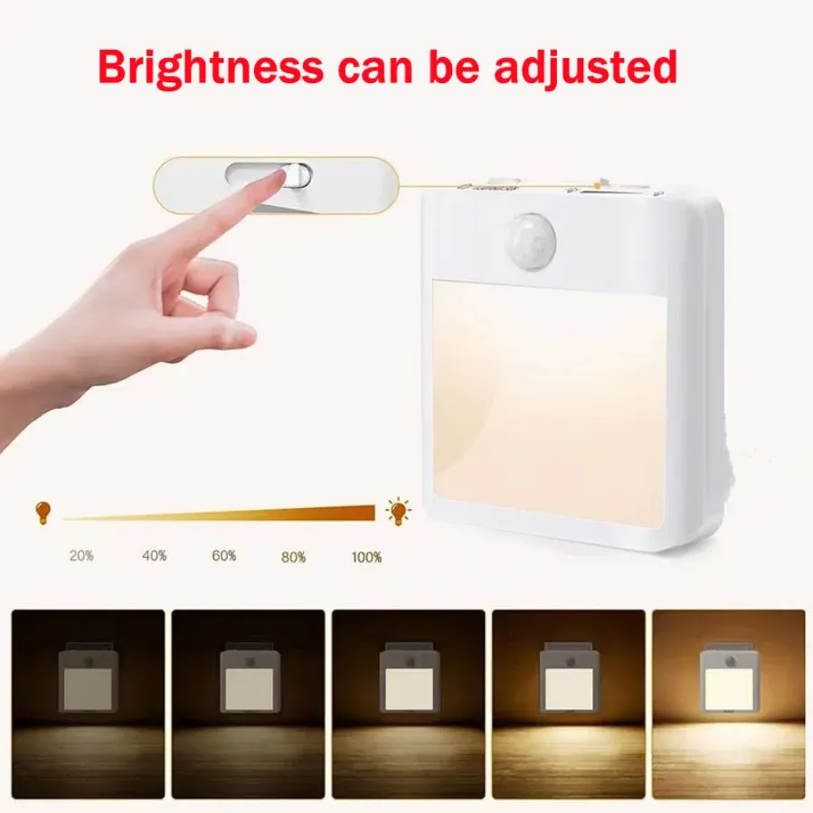 Veilleuse LED avec détecteur de mouvement, lampe de chevet pour chambre de bébé, éclairage de couloir ou d'armoire à intensité variable, prise UE, 110-220 V 3