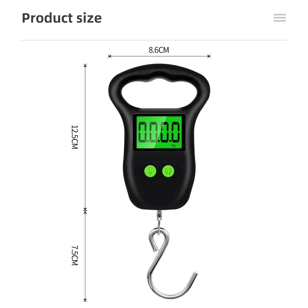 Balance à bagages numérique portable 50 kg, graduation 10 g, avec crochet suspendu, mètre ruban, rétroéclairage et écran LCD 2