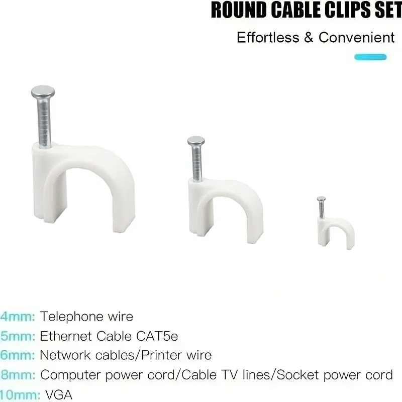 Lot de 100 clips de câble assortis (4, 6, 8, 10, 12, 14, 16 et 20 mm) à clouer pour câbles coaxiaux et cordons 3