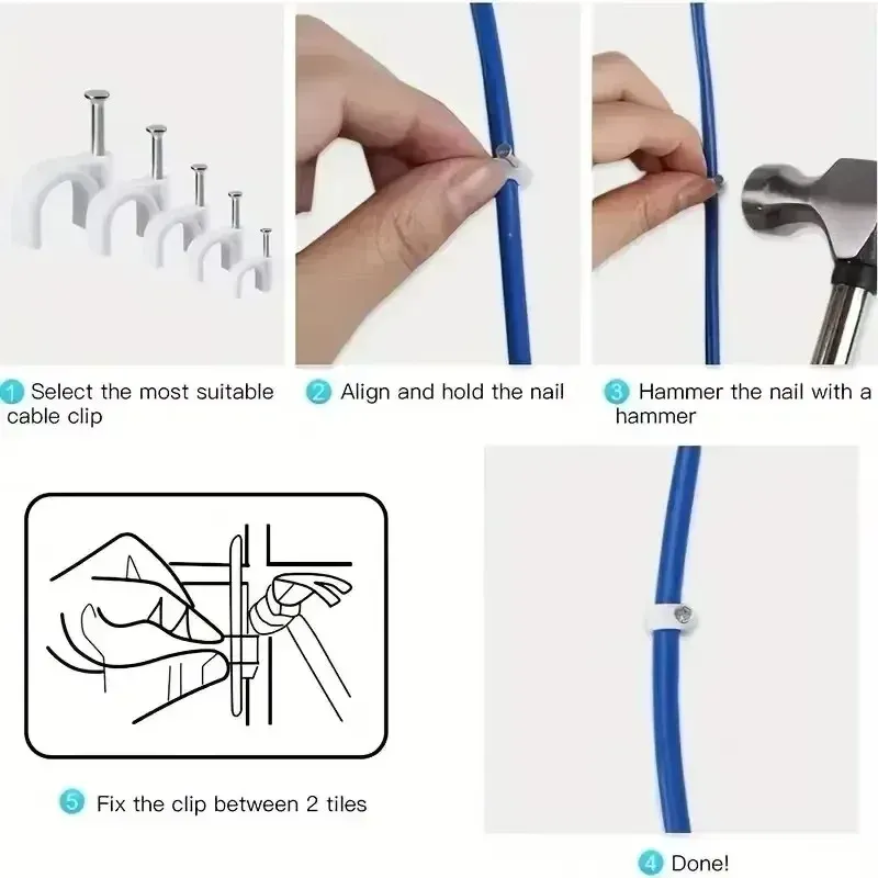 Lot de 100 clips de câble assortis (4, 6, 8, 10, 12, 14, 16 et 20 mm) à clouer pour câbles coaxiaux et cordons 4