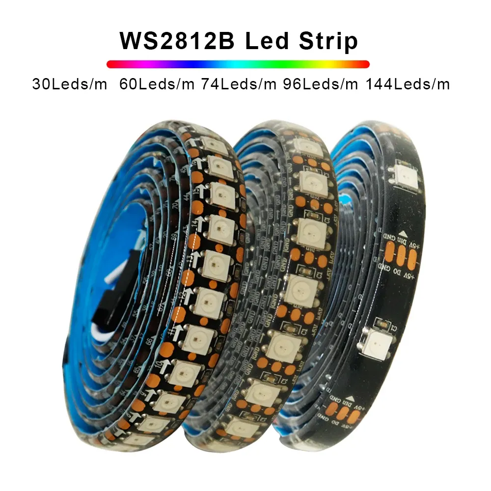 Bande LED adressable individuellement WS2812B, 1 à 5 m, 30/60/74/96/144 LED/m, WS2812 5050 RGBIC, pixels intelligents, IP30/65/67, DC 5 V