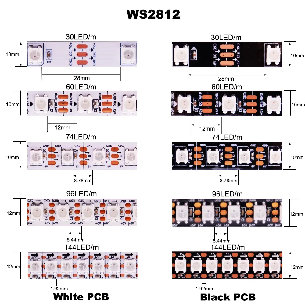 Bande LED adressable individuellement WS2812B, 1 à 5 m, 30/60/74/96/144 LED/m, WS2812 5050 RGBIC, pixels intelligents, IP30/65/67, DC 5 V 2
