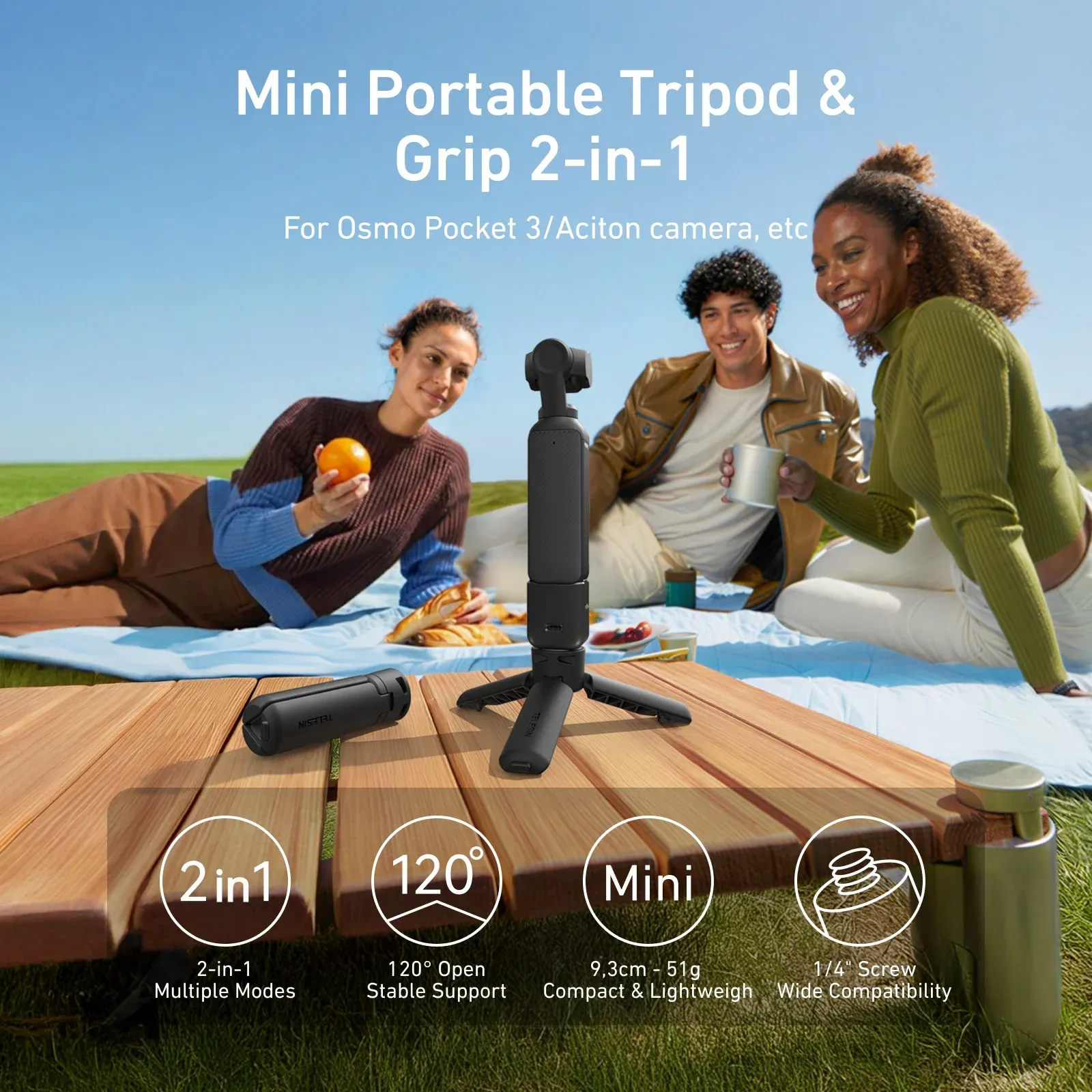 Poignée de trépied universelle à dégagement rapide TELESIN Mini pour caméra d'action GoPro, Insta360 et DJI Osmo, avec adaptateur à vis 1/4 2
