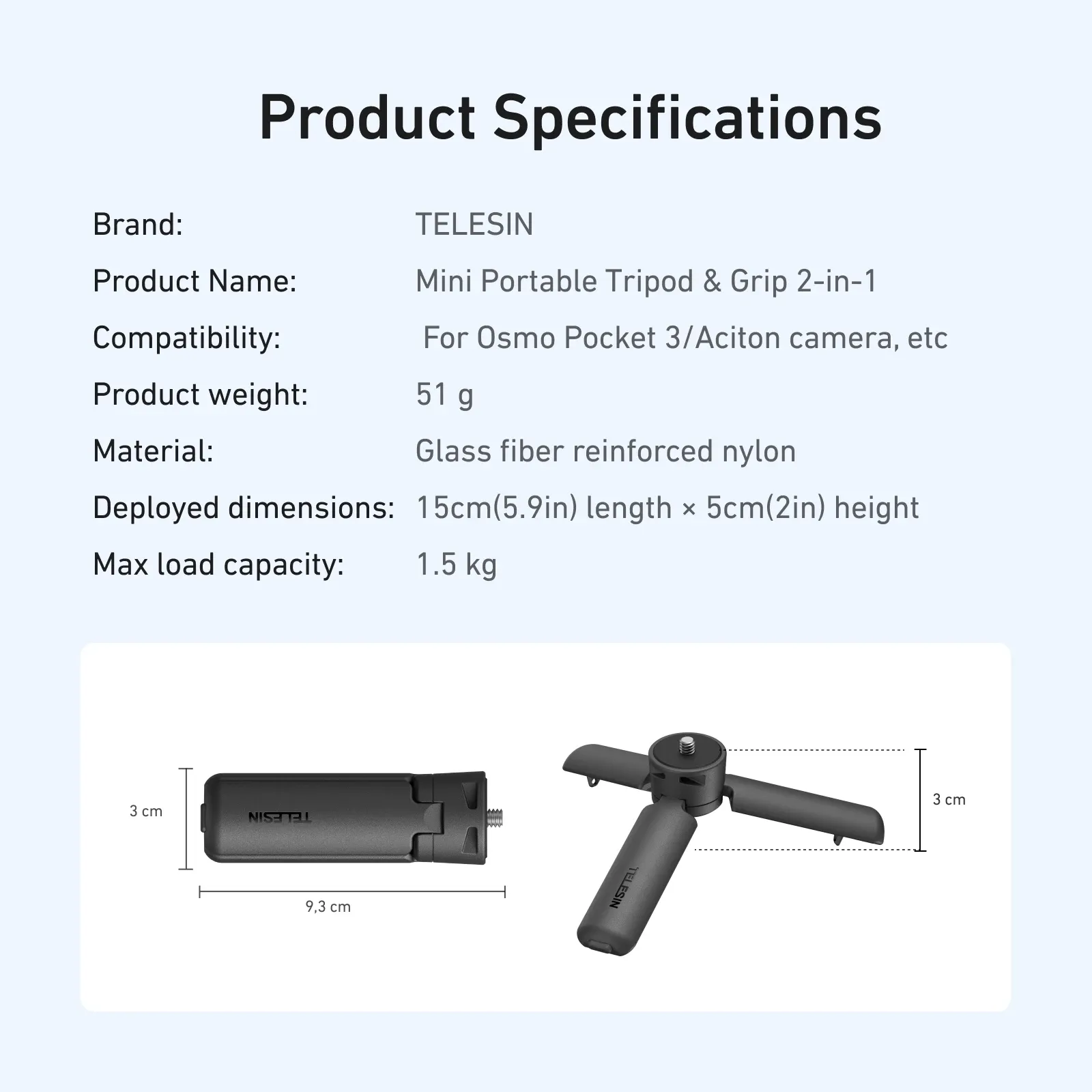 Poignée de trépied universelle à dégagement rapide TELESIN Mini pour caméra d'action GoPro, Insta360 et DJI Osmo, avec adaptateur à vis 1/4 7