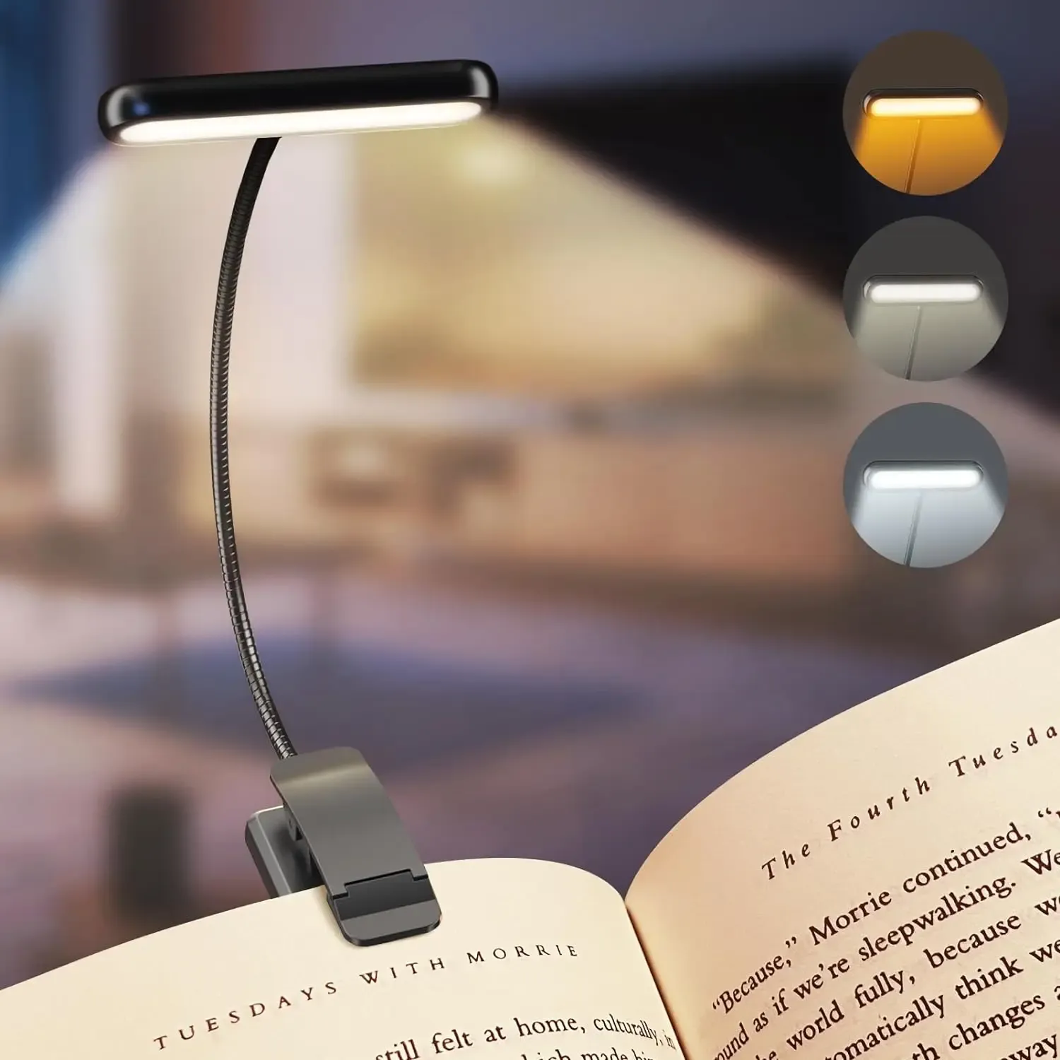 Lampe de lecture LED rechargeable USB à clip, intensité variable et col flexible, idéale pour la lecture nocturne
