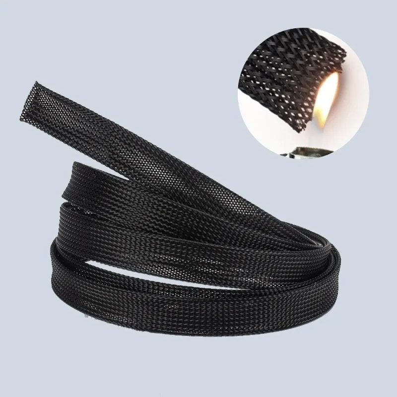 Gaine tressée isolante noire 1/5/10 m, 6/8/10/30 mm, en PET serré pour protection de câbles, tube en nylon ignifuge 5