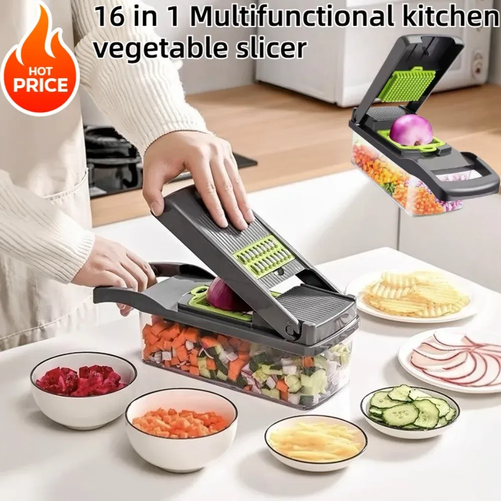 Hachoir manuel multifonction 16 en 1, trancheuse, râpe, coupe-légumes, ustensile de cuisine avec bol et protection de sécurité