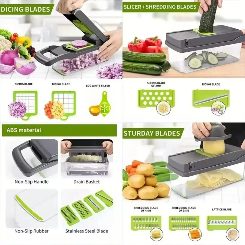 Hachoir manuel multifonction 16 en 1, trancheuse, râpe, coupe-légumes, ustensile de cuisine avec bol et protection de sécurité 5