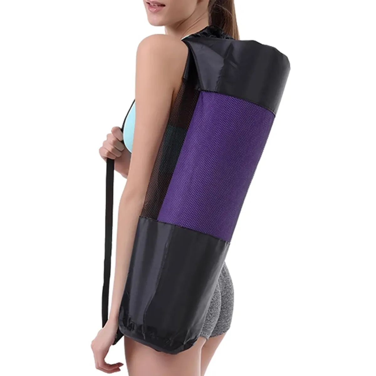 Sac de rangement en maille pour tapis de yoga, en utilisation