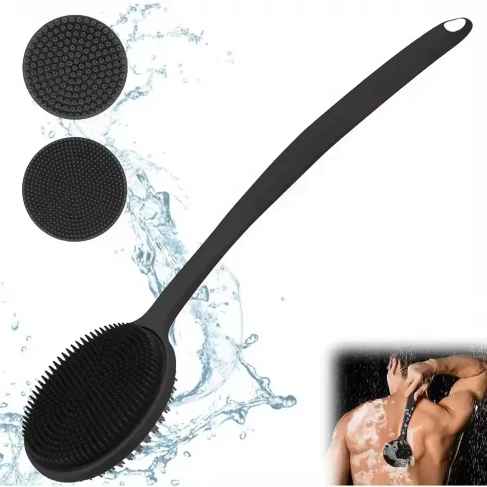 Brosse de douche à long manche en silicone, double face à poils souples, pour le nettoyage en profondeur et le massage exfoliant du dos - Image 1