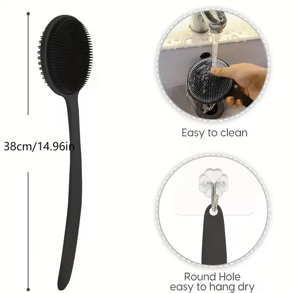 Brosse de douche à long manche en silicone, double face à poils souples, pour le nettoyage en profondeur et le massage exfoliant du dos 2