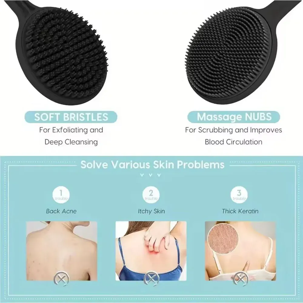 Brosse de douche à long manche en silicone, double face à poils souples, pour le nettoyage en profondeur et le massage exfoliant du dos 6