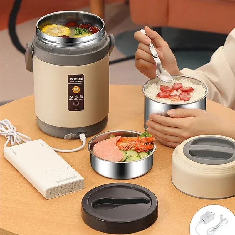 Boîte-repas chauffante électrique USB en acier inoxydable, bento isotherme avec maintien à 65 °C pour le bureau et l'école - Image 1