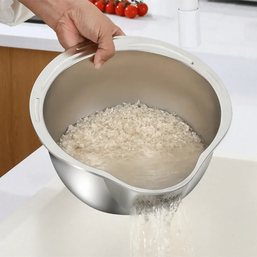 Bol de lavage du riz en acier inoxydable 2 en 1 avec trous d'évacuation, passoire pour fruits et légumes et panier pour évier de cuisine - Image 1