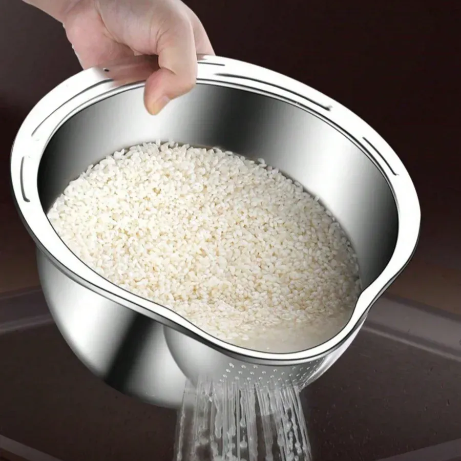 Bol de lavage du riz en acier inoxydable 2 en 1 avec trous d'évacuation, passoire pour fruits et légumes et panier pour évier de cuisine 3