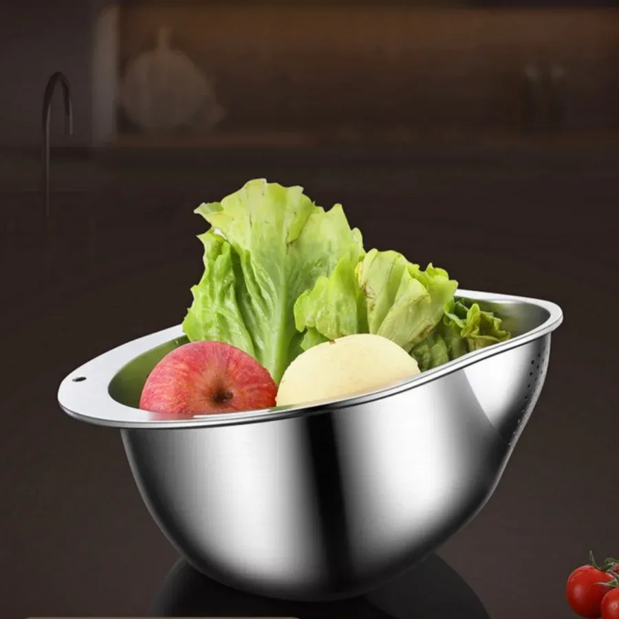 Bol de lavage du riz en acier inoxydable 2 en 1 avec trous d'évacuation, passoire pour fruits et légumes et panier pour évier de cuisine 4