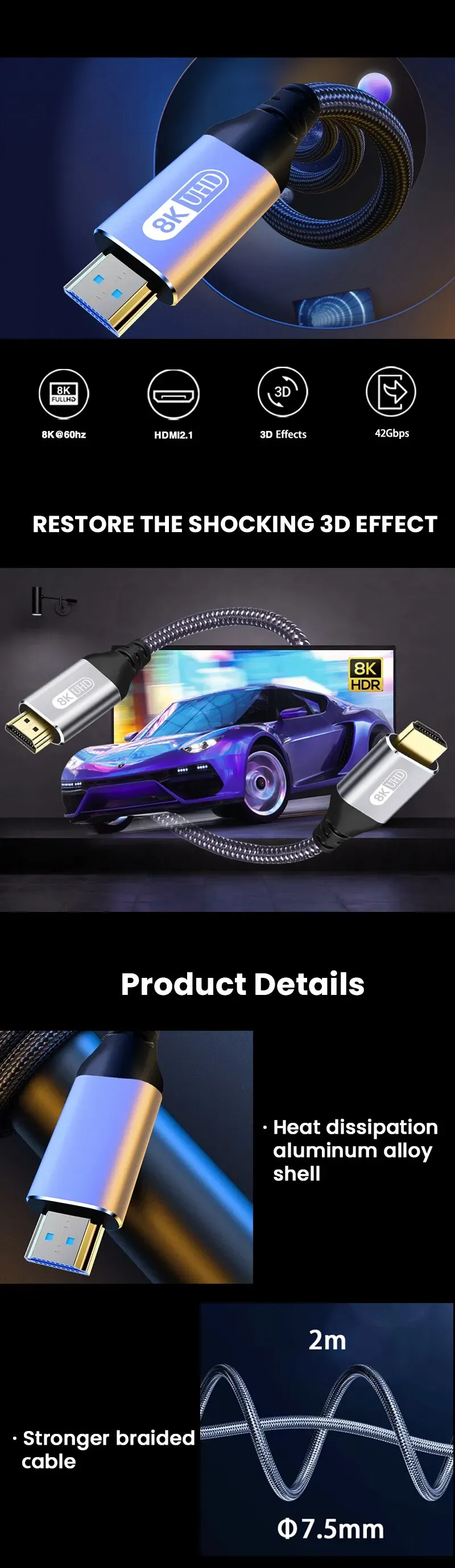 Câble HDMI haute vitesse, détail de la finition
