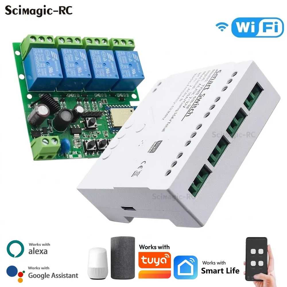 Module relais Wi-Fi intelligent 4 canaux, interrupteur sans fil 4 voies 7-32 V / 85-250 V, 220 V / 110 V, 2200 W, récepteur RF 433 MHz, compatible Tuya et Alexa