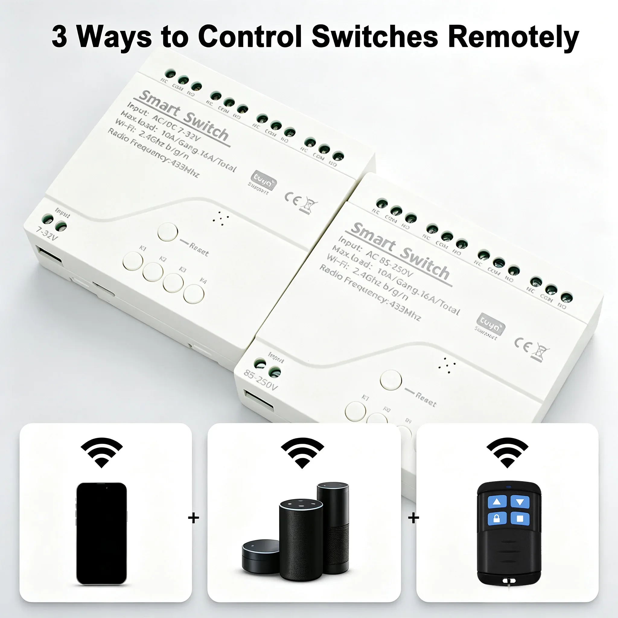 Module relais Wi-Fi intelligent 4 canaux, interrupteur sans fil 4 voies 7-32 V / 85-250 V, 220 V / 110 V, 2200 W, récepteur RF 433 MHz, compatible Tuya et Alexa 4