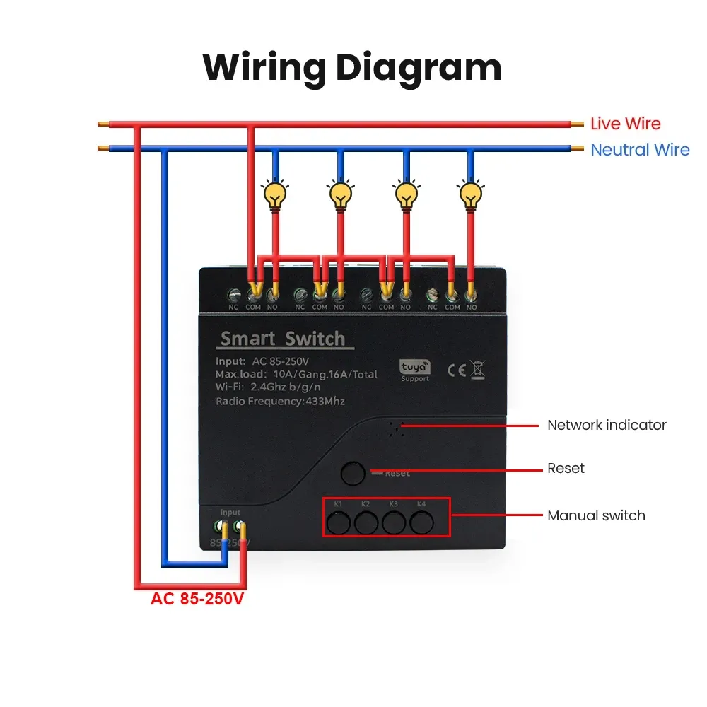 Module relais Wi-Fi intelligent 4 canaux, interrupteur sans fil 4 voies 7-32 V / 85-250 V, 220 V / 110 V, 2200 W, récepteur RF 433 MHz, compatible Tuya et Alexa 6