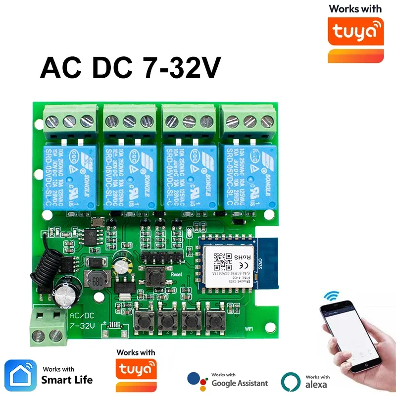 Module relais Wi-Fi intelligent 4 canaux, interrupteur sans fil 4 voies 7-32 V / 85-250 V, 220 V / 110 V, 2200 W, récepteur RF 433 MHz, compatible Tuya et Alexa 13