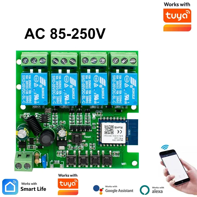 Module relais Wi-Fi intelligent 4 canaux, interrupteur sans fil 4 voies 7-32 V / 85-250 V, 220 V / 110 V, 2200 W, récepteur RF 433 MHz, compatible Tuya et Alexa 12
