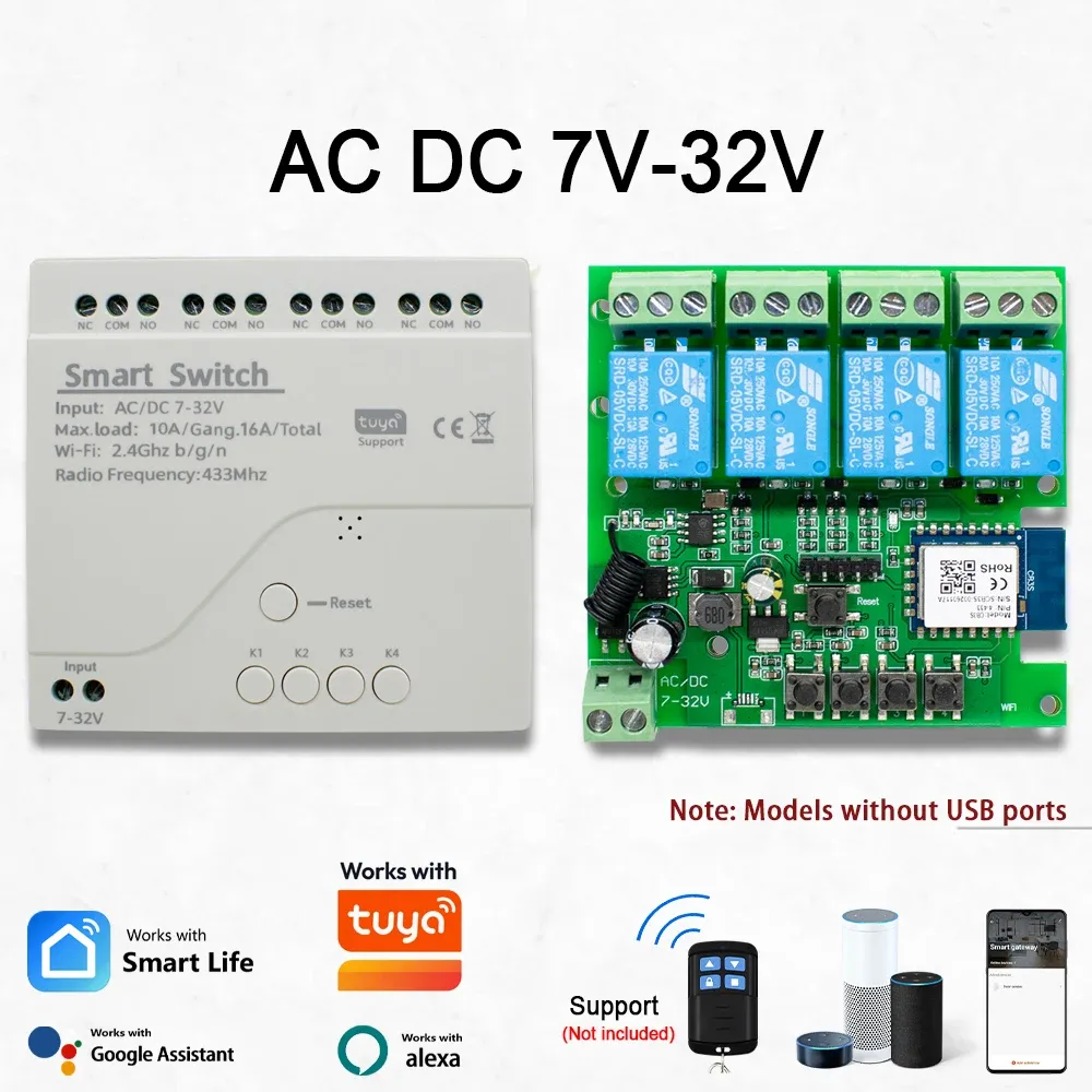 Module relais Wi-Fi intelligent 4 canaux, interrupteur sans fil 4 voies 7-32 V / 85-250 V, 220 V / 110 V, 2200 W, récepteur RF 433 MHz, compatible Tuya et Alexa 11