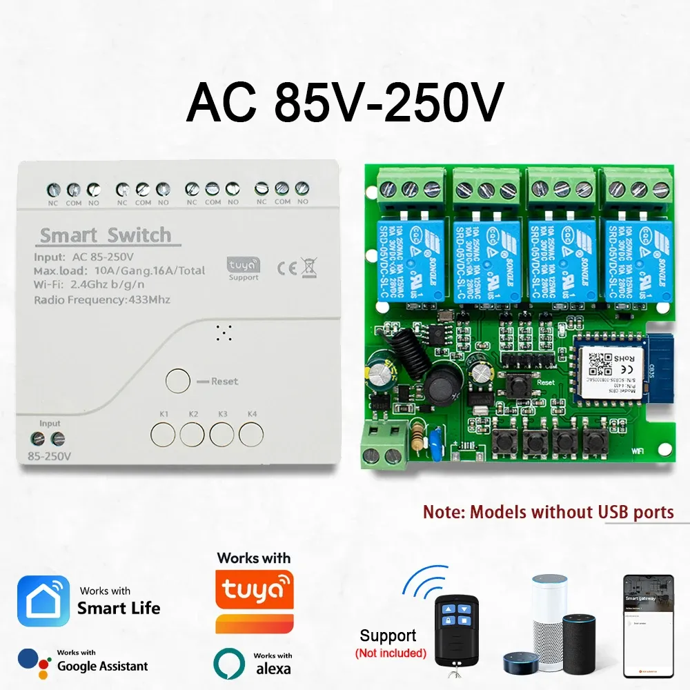 Module relais Wi-Fi intelligent 4 canaux, interrupteur sans fil 4 voies 7-32 V / 85-250 V, 220 V / 110 V, 2200 W, récepteur RF 433 MHz, compatible Tuya et Alexa 9