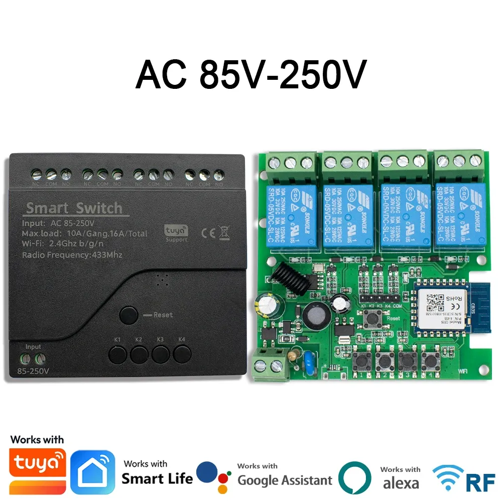 Module relais Wi-Fi intelligent 4 canaux, interrupteur sans fil 4 voies 7-32 V / 85-250 V, 220 V / 110 V, 2200 W, récepteur RF 433 MHz, compatible Tuya et Alexa 10