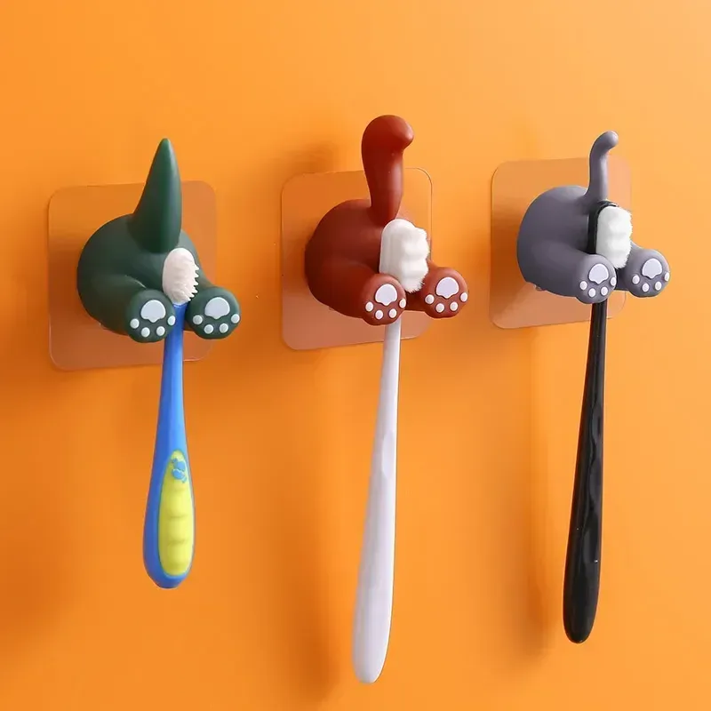 Porte-brosse à dents queue d'animal de dessin animé, crochet mural sans perçage, crochet adhésif mignon pour serviette de salle de bain, porte-brosse à dents pour enfants