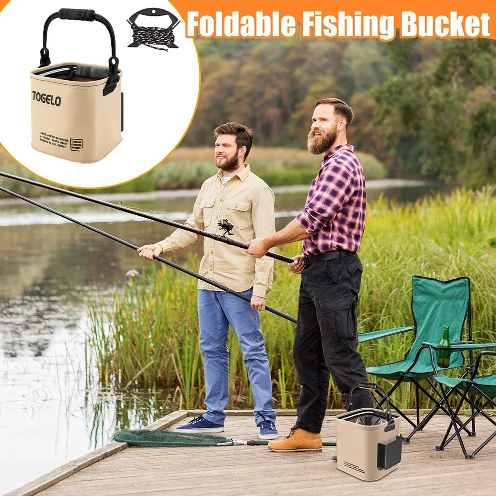 Seau pliable 8 L/13 L avec fermeture éclair : récipient portable pour la pêche, le camping et le lavage de voiture, avec poche pour pompe à oxygène 6