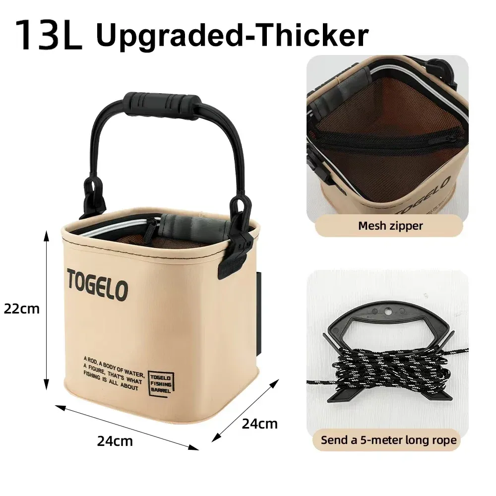 Seau pliable 8 L/13 L avec fermeture éclair : récipient portable pour la pêche, le camping et le lavage de voiture, avec poche pour pompe à oxygène 8