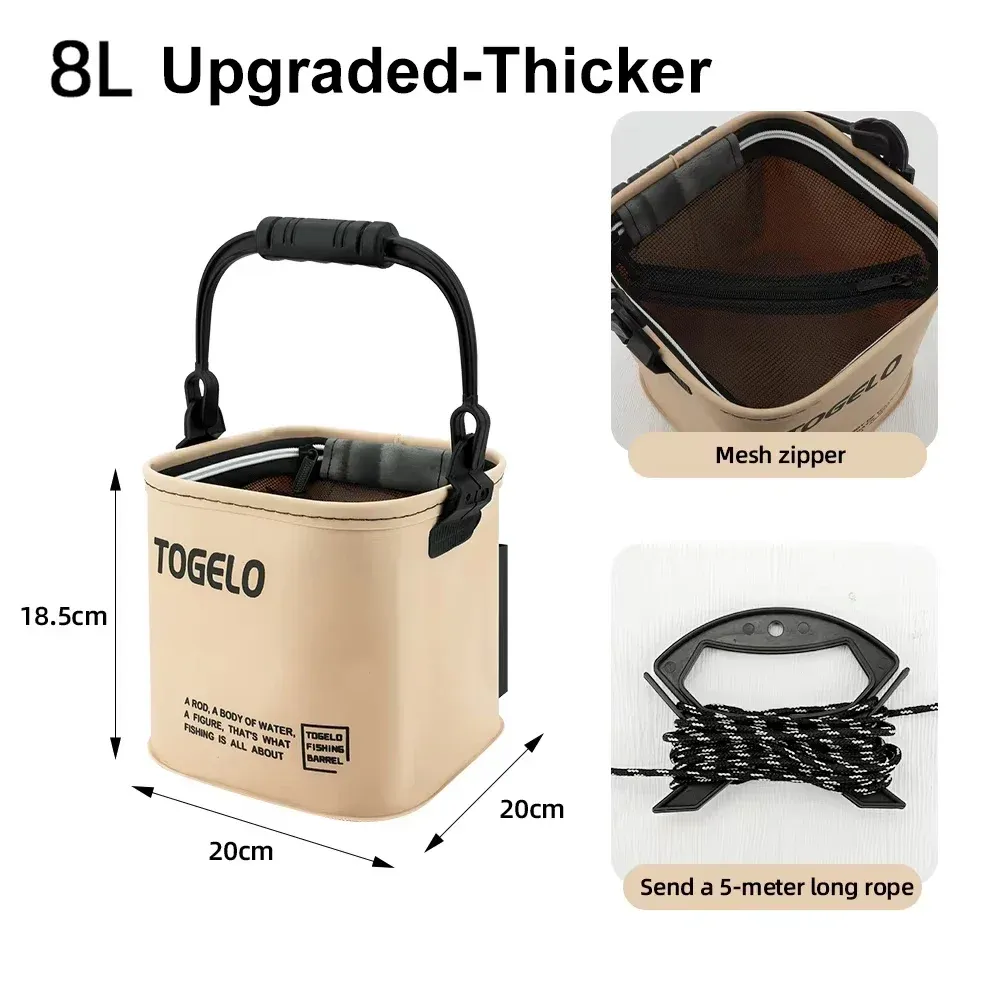 Seau pliable 8 L/13 L avec fermeture éclair : récipient portable pour la pêche, le camping et le lavage de voiture, avec poche pour pompe à oxygène 7