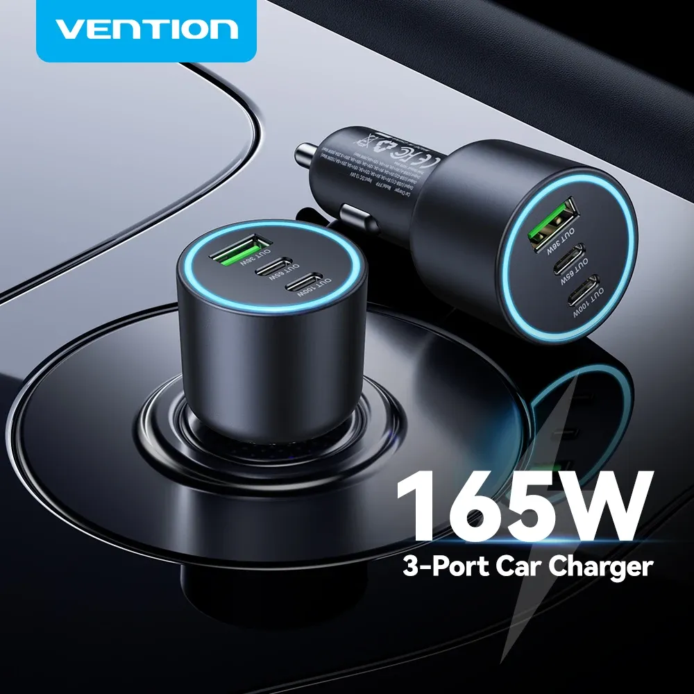 Chargeur de voiture Vention 165W USB-C à 3 ports, PD QC 4.0 45W, compatible Samsung S25, iPhone 17/16, MacBook 100W, adaptateur de charge rapide avec LED
