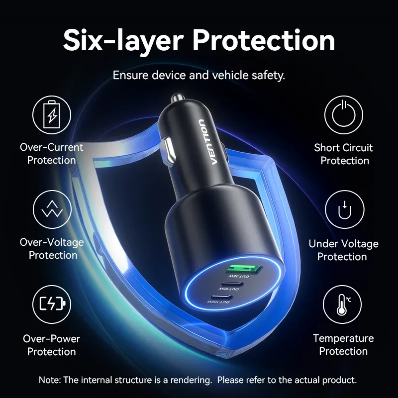 Chargeur de voiture Vention 165W USB-C à 3 ports, PD QC 4.0 45W, compatible Samsung S25, iPhone 17/16, MacBook 100W, adaptateur de charge rapide avec LED 4