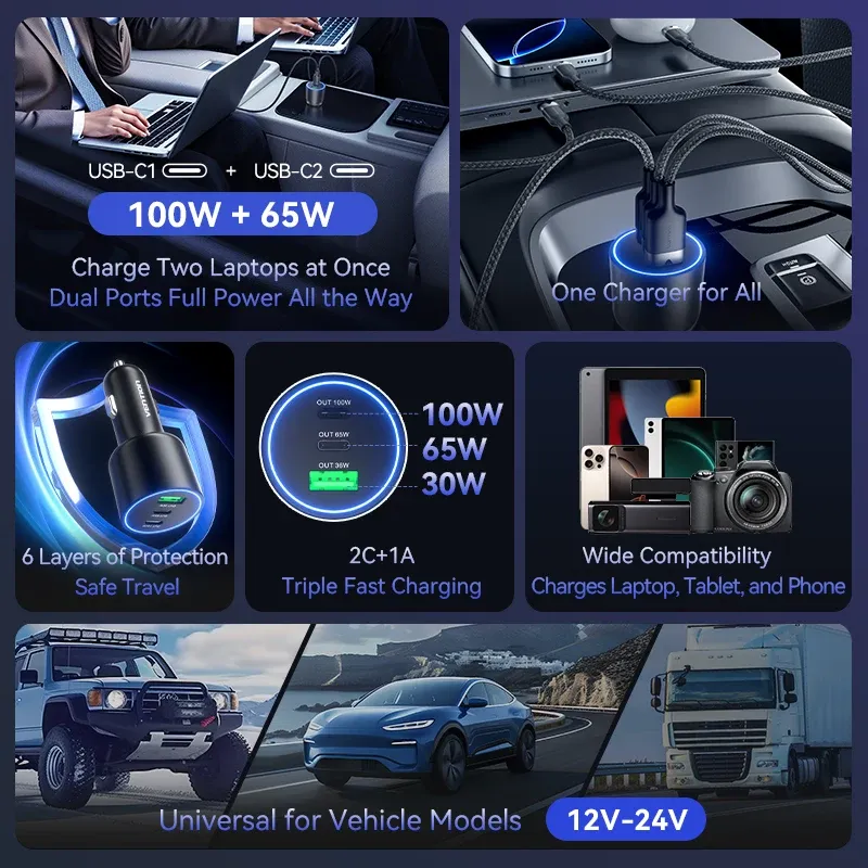 Chargeur de voiture Vention 165W USB-C à 3 ports, PD QC 4.0 45W, compatible Samsung S25, iPhone 17/16, MacBook 100W, adaptateur de charge rapide avec LED 6