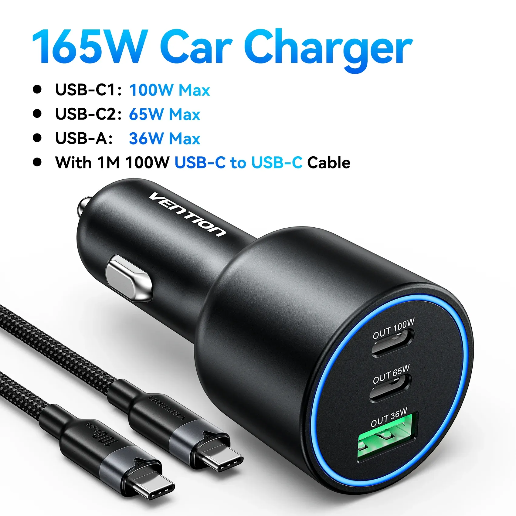 Chargeur de voiture Vention 165W USB-C à 3 ports, PD QC 4.0 45W, compatible Samsung S25, iPhone 17/16, MacBook 100W, adaptateur de charge rapide avec LED 8