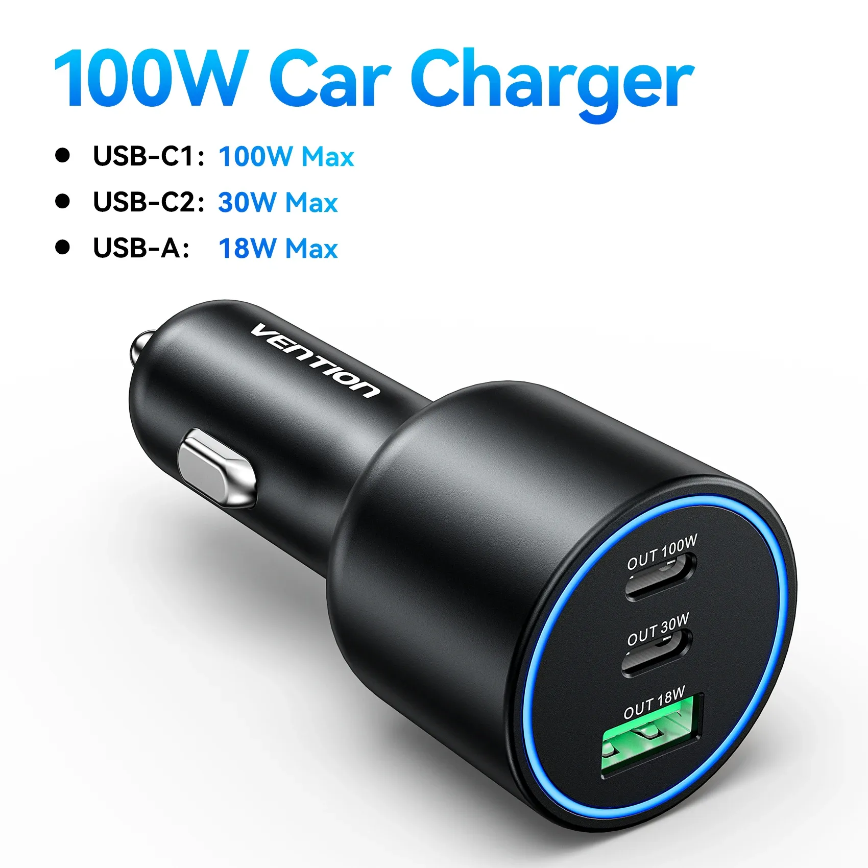 Chargeur de voiture Vention 165W USB-C à 3 ports, PD QC 4.0 45W, compatible Samsung S25, iPhone 17/16, MacBook 100W, adaptateur de charge rapide avec LED 9