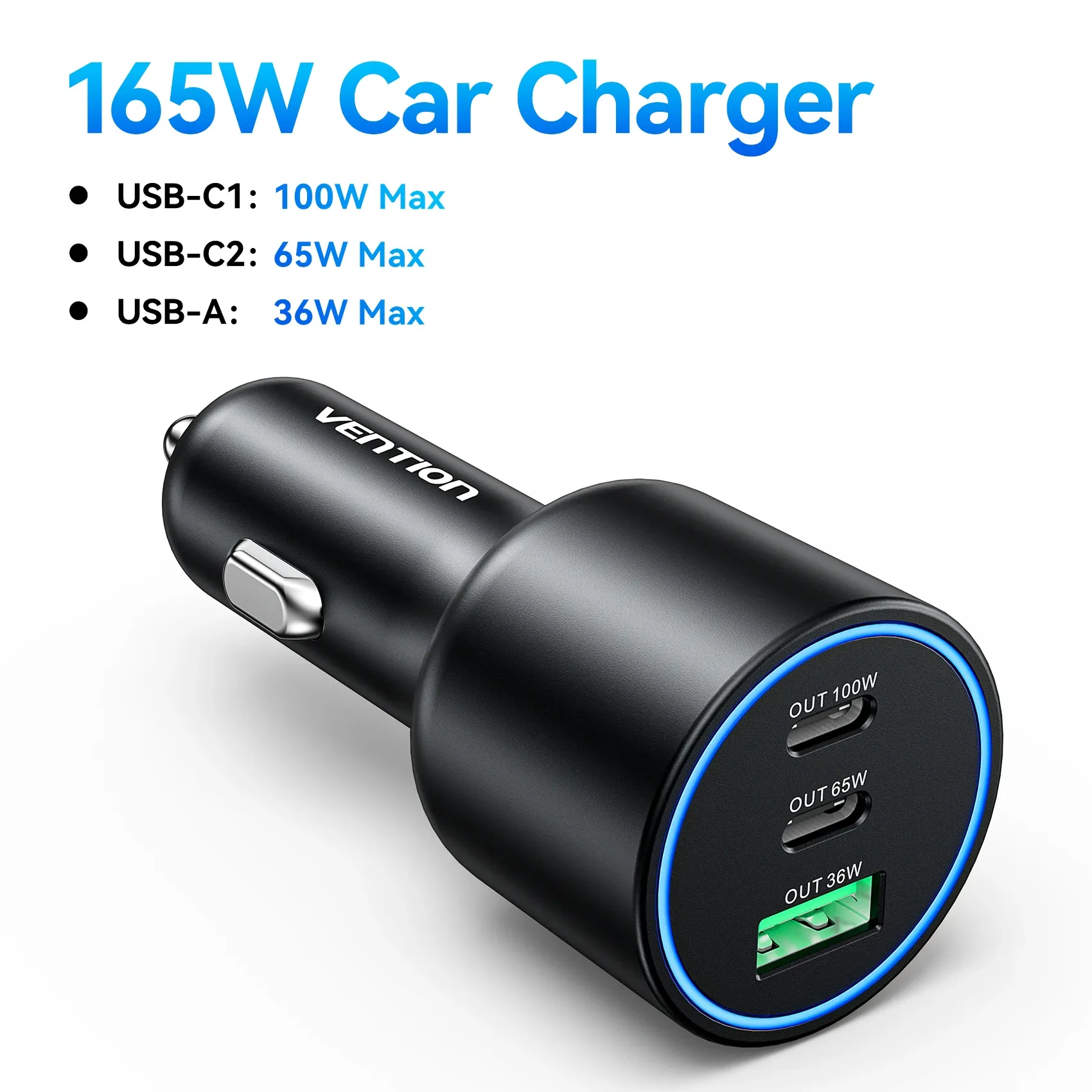 Chargeur de voiture Vention 165W USB-C à 3 ports, PD QC 4.0 45W, compatible Samsung S25, iPhone 17/16, MacBook 100W, adaptateur de charge rapide avec LED 7