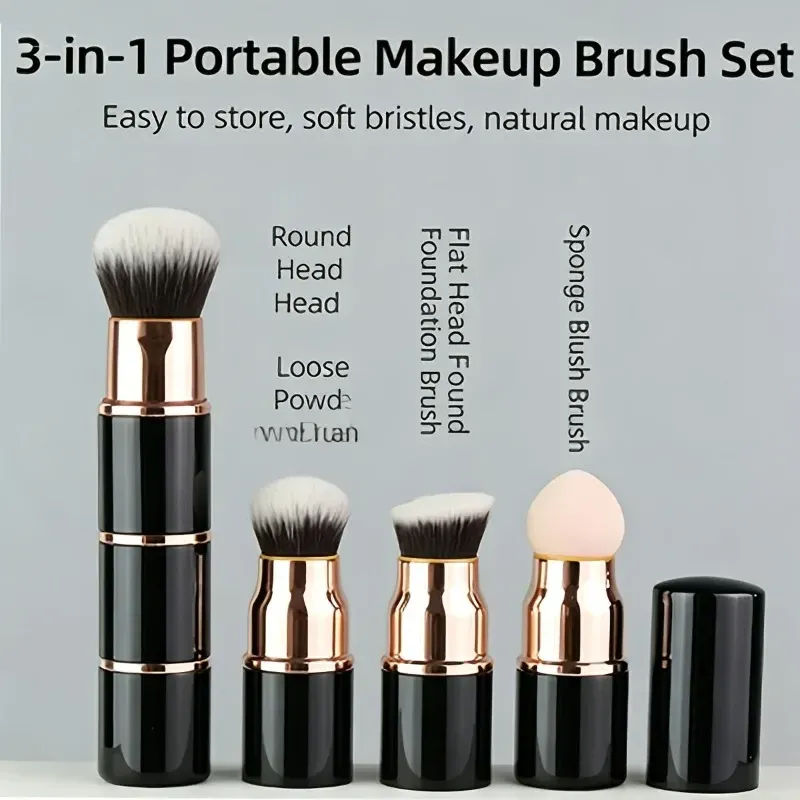 Ensemble de mini pinceaux de maquillage 3 en 1 présenté dans son étui