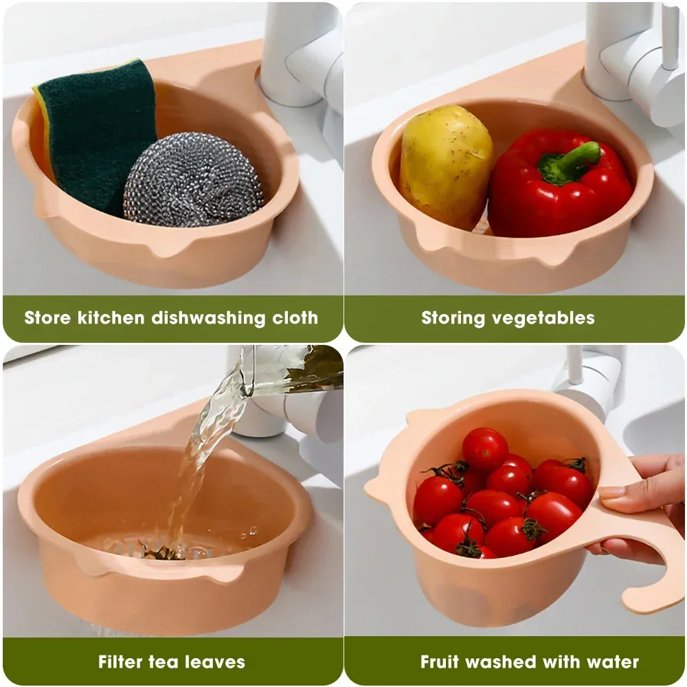 Panier de vidange d'évier en forme de chat multifonctionnel, filtre de robinet, étagère organisatrice pour fruits et légumes 5