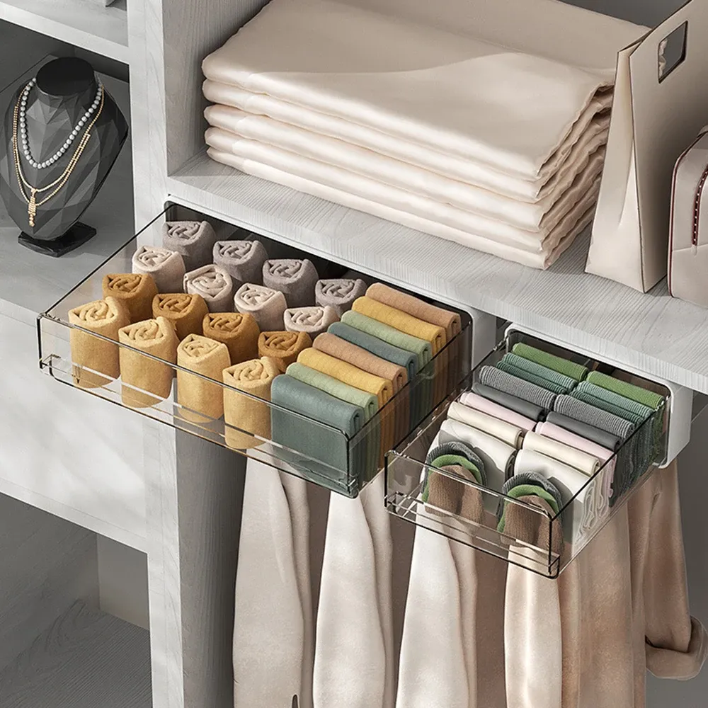 Tiroir de rangement sous table auto-adhésif et invisible, boîte de rangement pour bureau, cosmétiques et papeterie 6