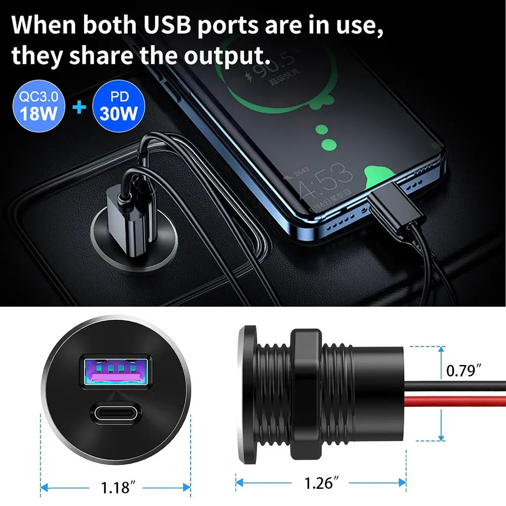 Prise USB 12 V 30 W PD Type-C et 18 W QC 3.0 en aluminium, chargeur USB encastrable à charge rapide pour camping-car 4